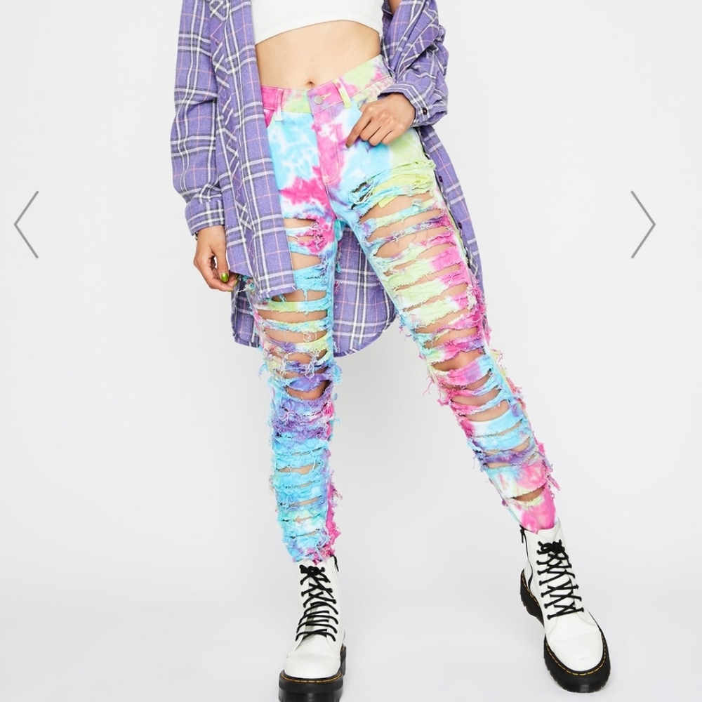 DollsKill Distressed Tie Dye Denim Jeans